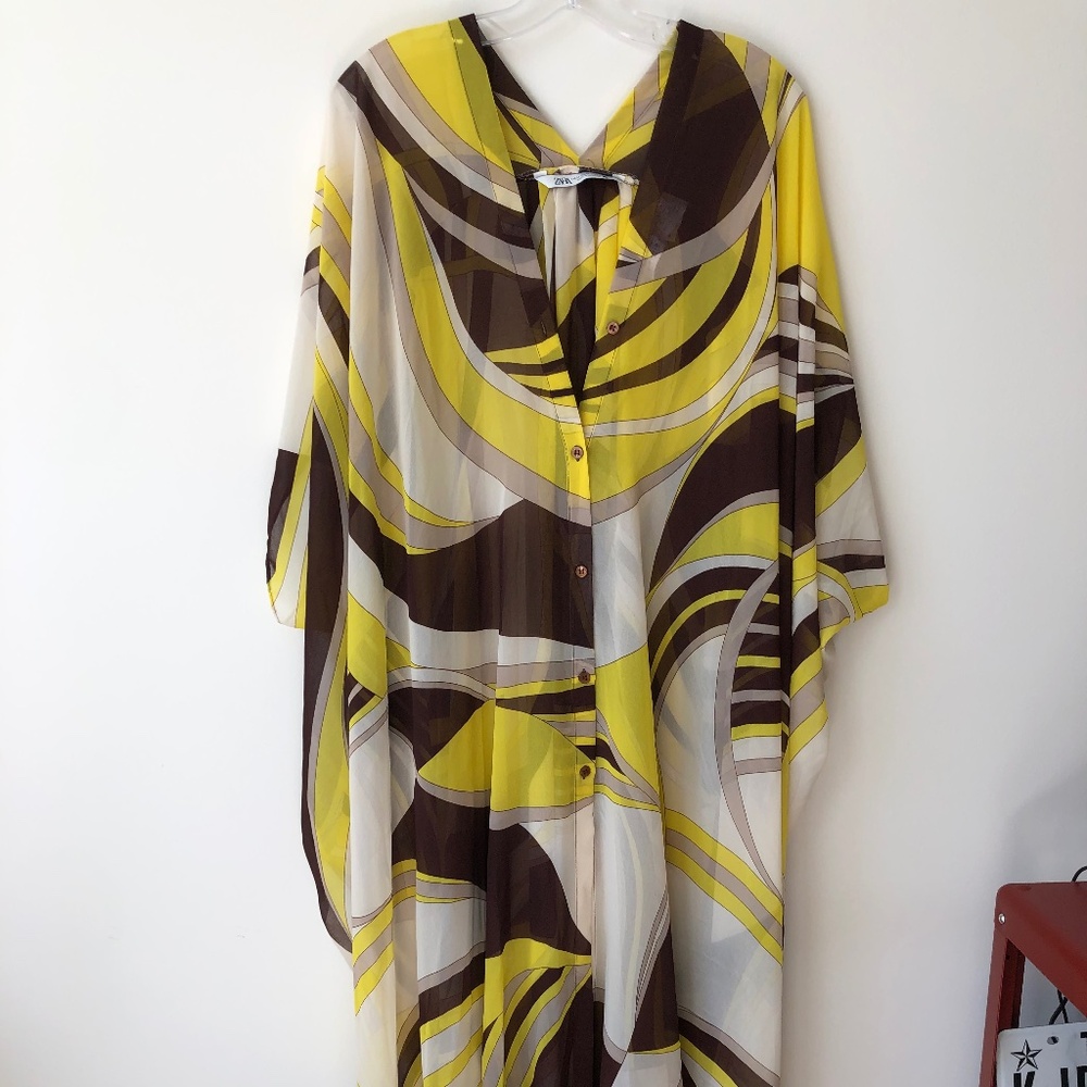 Zara Yellow Brown Cream Abstract Maxi Dress